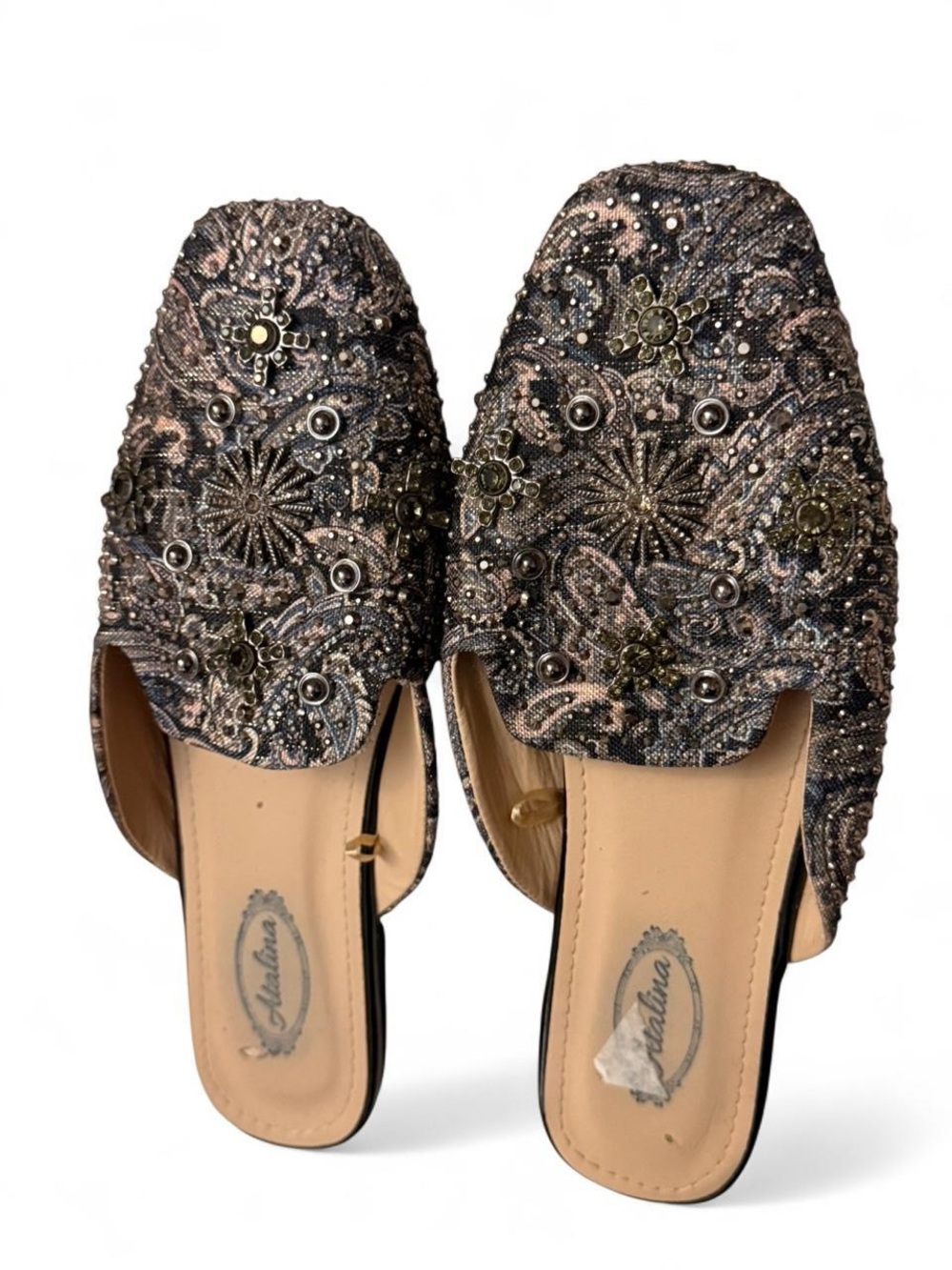 Amelia James Bronze-Tone Beaded Floral Slip-On Loafers